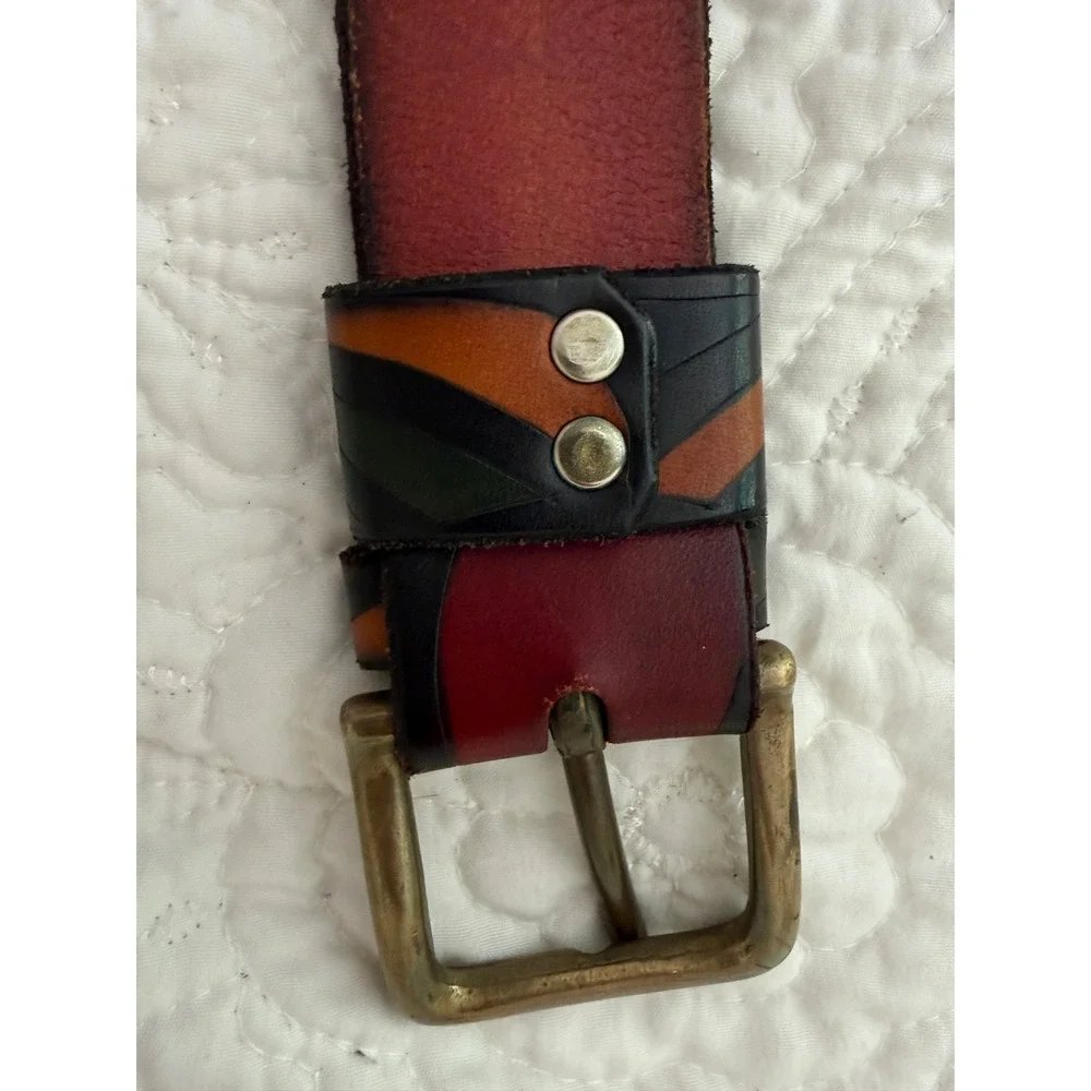 David Bristow Leather Belt Mens 40 Multi Color Wave Brass Buckle Boho Artisan